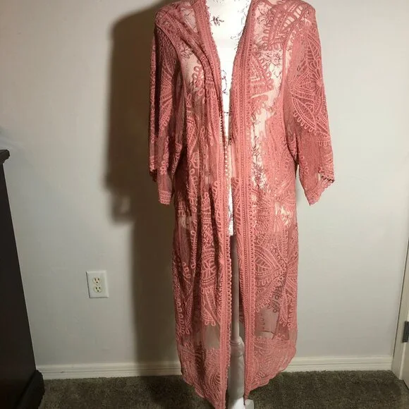 🌸 Vintage Inspired Terracotta Lace Duster Kimono | Boho Luxe Layering Piece - Picture 4 of 13